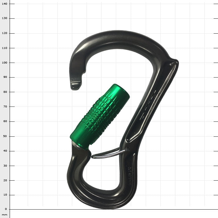 Ceros Locksafe carabiner with green screw cap and black metal body, open