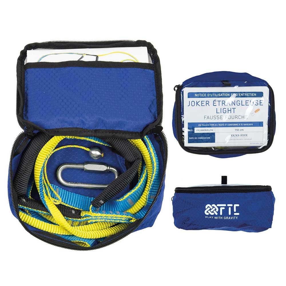 Choker Joker Light, open blue bag with yellow-blue straps, metal carabiner and documents, next to closed blue pockets with "FTC Play with Gravity" print and "FTC Play with Gravity"