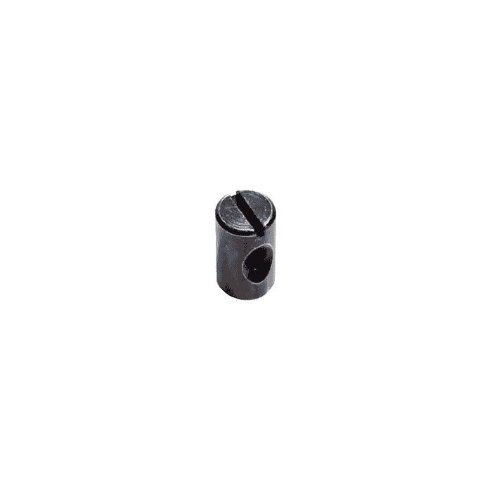 Tri-Guard T-connector, small cylindrical metal connector with slotted screw on top and hole on the side.