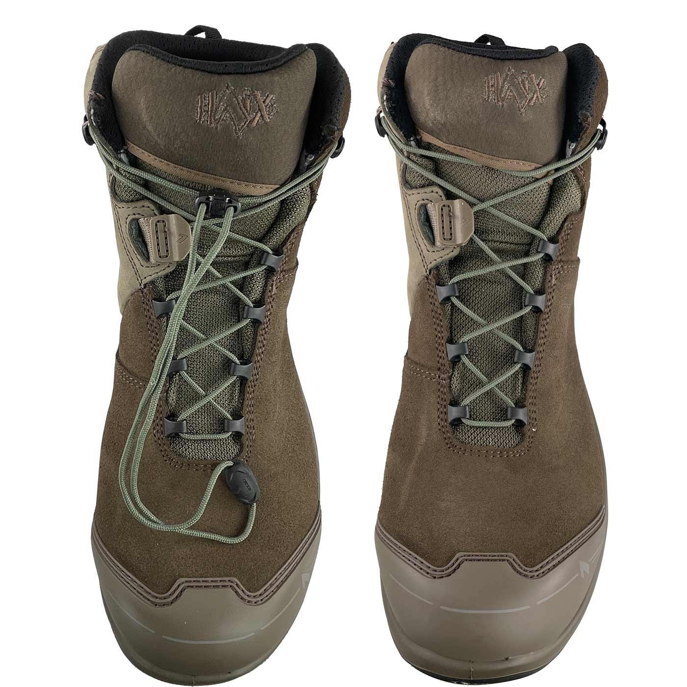 Connexis Safety+ GTX Mid brown safety shoe with green lacing system, frontally viewed from above