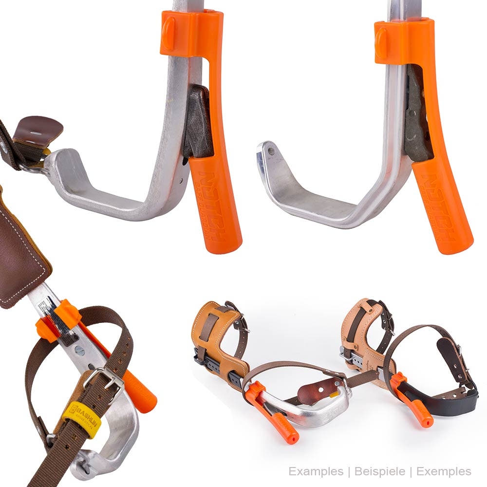 Several Gaff Guardian II protective caps from notch, orange, attached to metal tools with brown leather straps