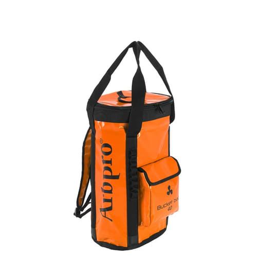 Orange Bucket Backpack 40 by Airpro with black zipper, carrying handles and front pocket with flap