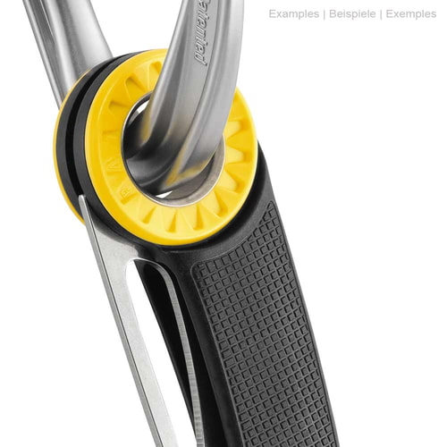 Close-up of the Petzl Spatha folding knife with black handle, yellow ring and two metal parts passed through the ring