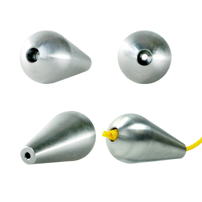 Quick-Kit Pear, four teardrop-shaped metal tips with a smooth silver surface, one pulled through with yellow rope, different angles visible