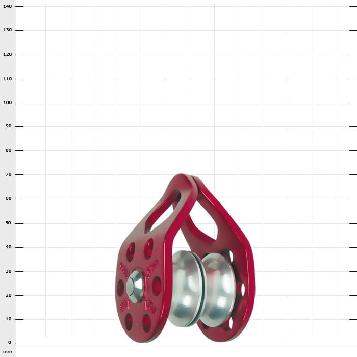 Arborist Redirect, red pulley with two silver pulleys and several round holes in the frame