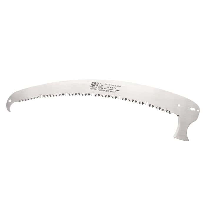 ARS Tele saw blade from ARS, curved metal blade with serrated edges and hook at the left end, right side with handle mounting holes and short handle