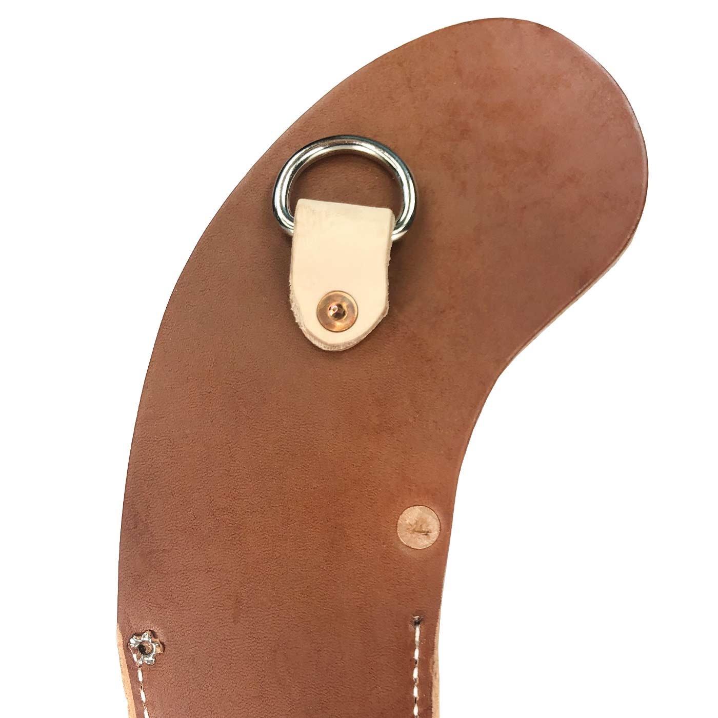 Back of the leather holster KR/S with brown leather and a silver D-ring, fastened with a lighter leather piece and a metal rivet