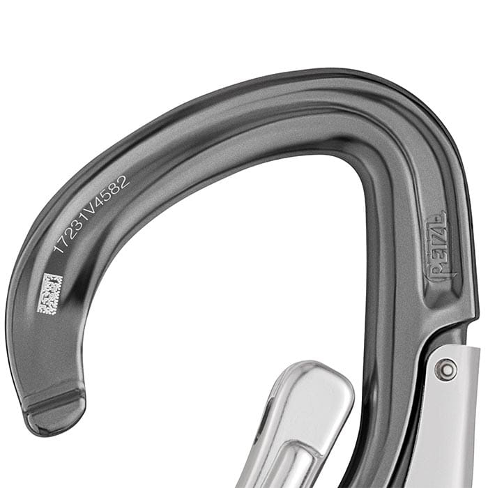 Close-up of the upper part of the Eashook Open carabiner with visible Petzl logo