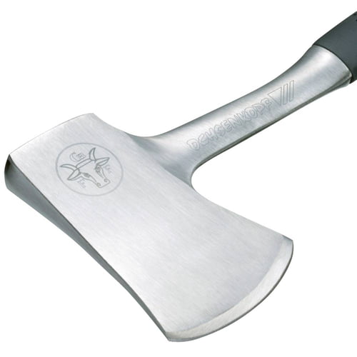 Close-up of the silver blade and handle of the all-steel axe 350 with engraved Ochsenkopf logo and the inscription "OCHSENKOPF"