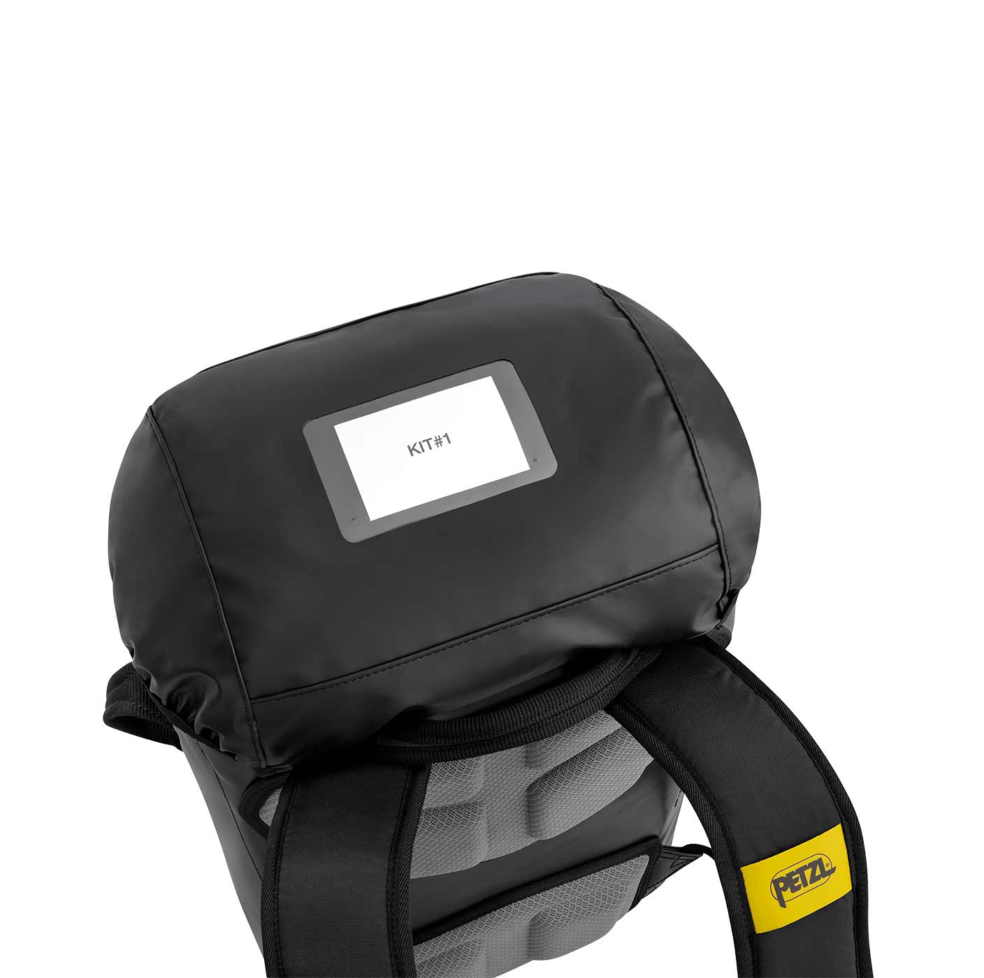 Top of the Petzl Transport 30 backpack with viewing window and yellow Petzl logo on the carrier