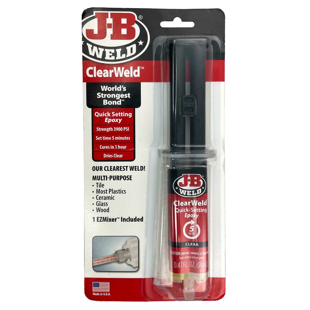 JB Weld ClearWeld Quick-Setting Epoxy in a transparent plastic packaging with red and black design, visible dosing device and inscription "World's Strongest Bond" and other product information