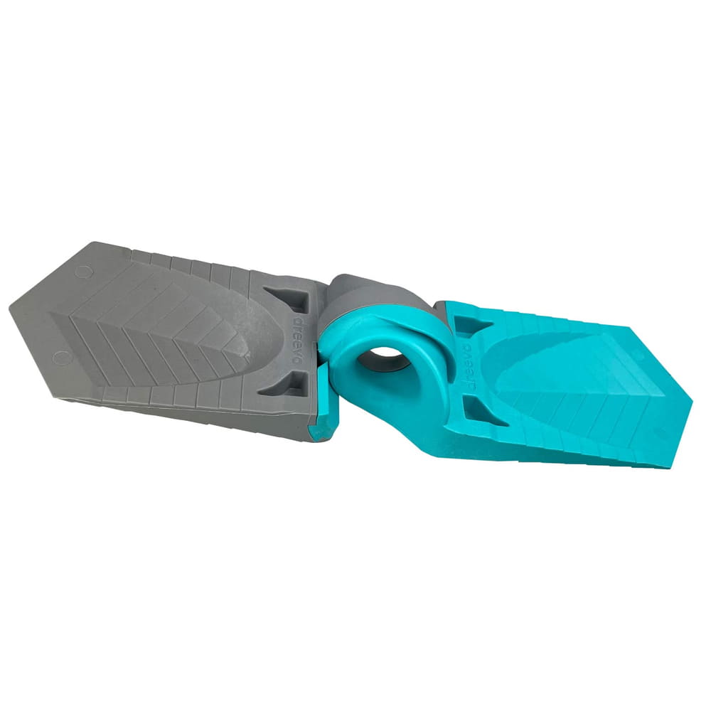 Dual wedge in turquoise and grey, unfolded product with visible articulation connection