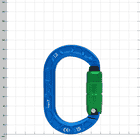 karaT carabiner in blue with green screw cap, with CE and UKCA mark, against a white background with grid dimension