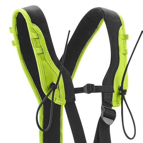 TreeRex Bungee Chest by Edelrid, Close-up of Padded Green and Black Shoulder Straps with Elastic Bands