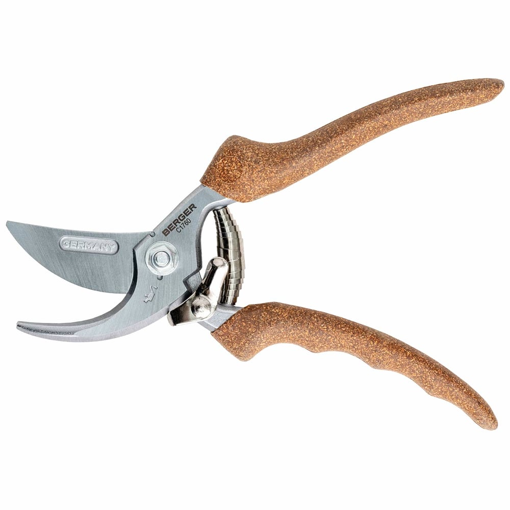 Berger C1760 secateurs with brown handles and silver blade, side view, with manufacturer's information and model number on the metal part