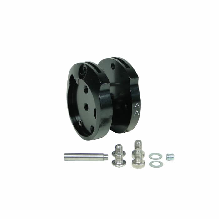 SpiderJack 2.1 device body black metal part with two screws, a metal rod, two washers and a small threaded insert