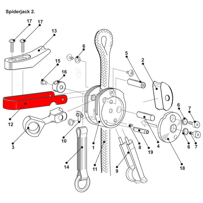 Exploded view of a SpiderJack 2.1 system with numbered parts, including a component marked in red and various screws and parts.