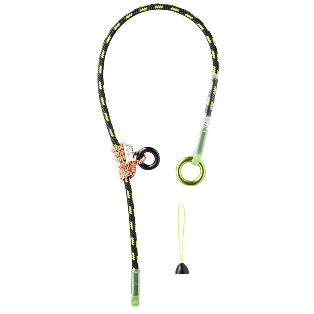 Adjustable Cambium Saver, Black and Yellow Rope with Green and Black Metal Ring and Orange Knot
