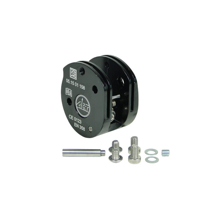 SpiderJack 2.1 device body black metal part with imprint "05.15 01 158", "CE 0123", "EN 358" and ARZ logo, plus two screws, a metal rod, two washers and a small threaded insert