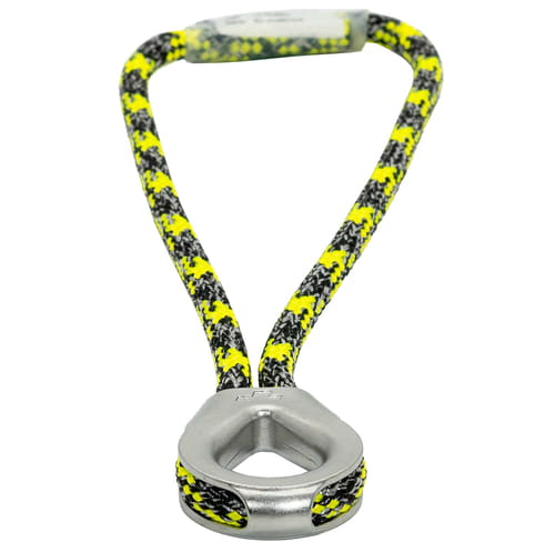 prusikLOOP fimble, a yellow-black-gray patterned rope with a silver metal part in the shape of a teardrop