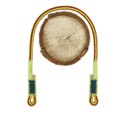 XP-e lanyard, red and yellow rope with two loop ends, on a wooden disc background