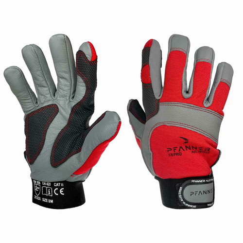 StretchFlex® Kepro work gloves in grey, red and black with black cuffs and Velcro fastener, manufacturer Pfanner, visible front and back