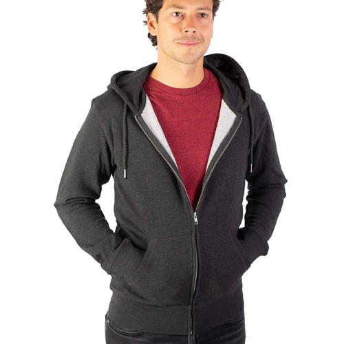 Weltenbaum hoodie, dark gray hoodie with zipper, worn by a man in a red T-shirt
