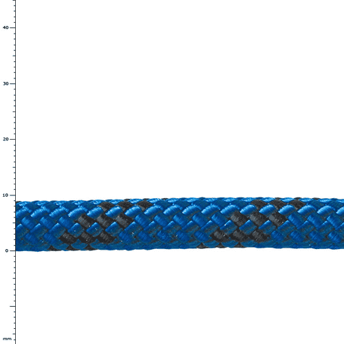 Close-up of a blue rope with a black pattern and a scale in millimeters on the left side