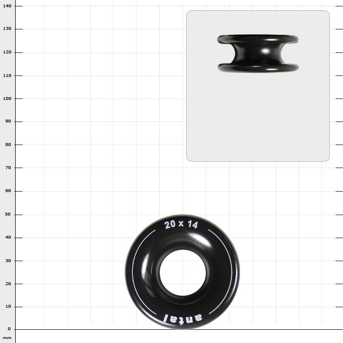 black plastic ring with white inscription "antai 20 x 14", view from above and to the side
