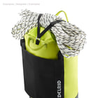 Cask 55 climbing backpack in light green with black outer pocket, on top of which a white climbing rope loop with black markings is attached