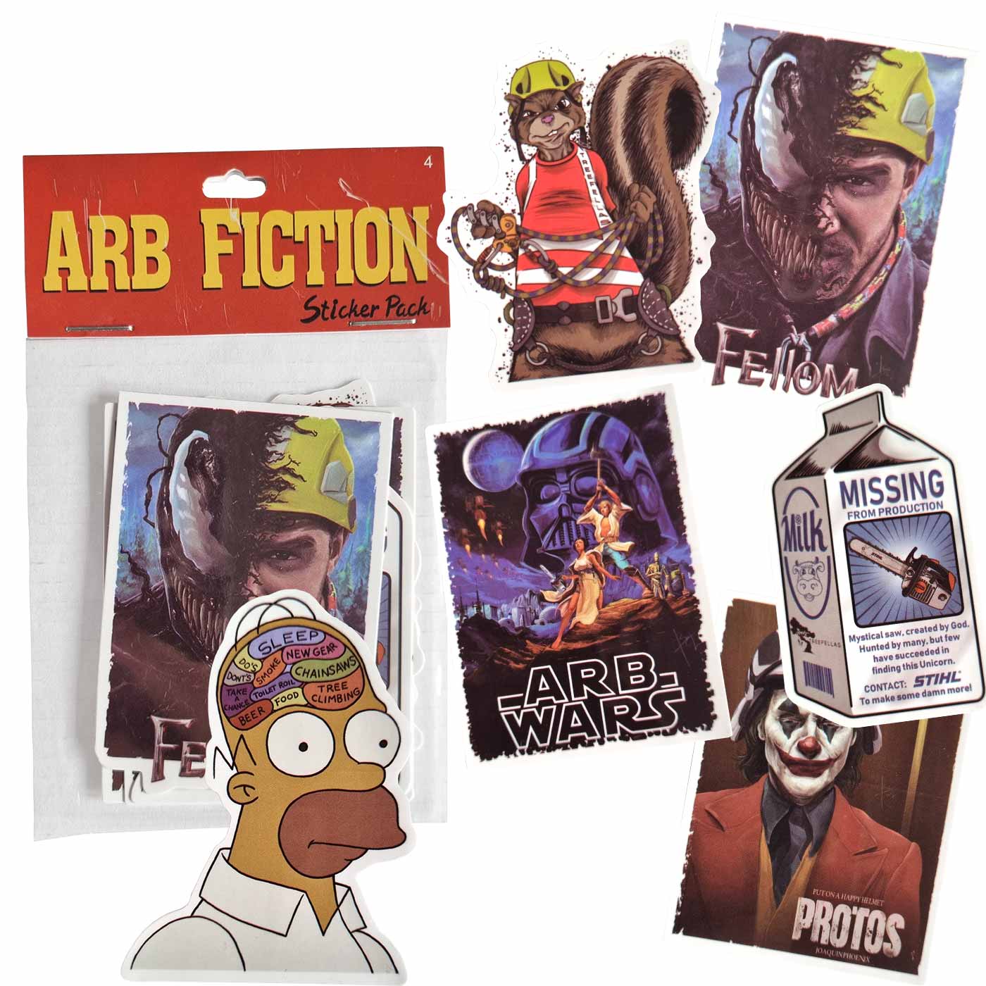 ARB Fiction Pack Vol. 4 Sticker Pack with several colorful stickers, including a squirrel with helmet, a half Venom with a construction helmet, a Homer Simpson head with thought bubbles, an ARB WARS poster, a milk carton with a chainsaw, and a Joker with 