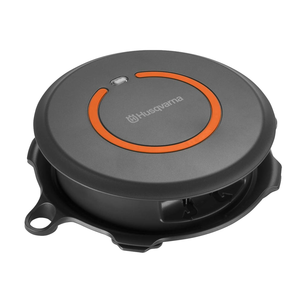 Husqvarna FlexiFence, Round Grey Device with Orange Ring and Husqvarna Logo, Side View