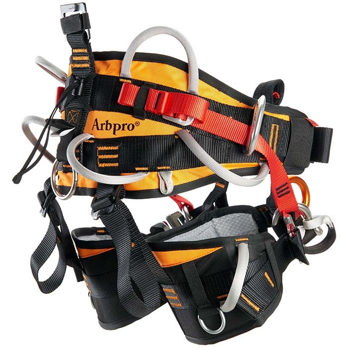 Climbing harness Tree Access 3.1 in black, orange and red with grey loops, several metal rings and buckles, manufacturer name Arbpro visible