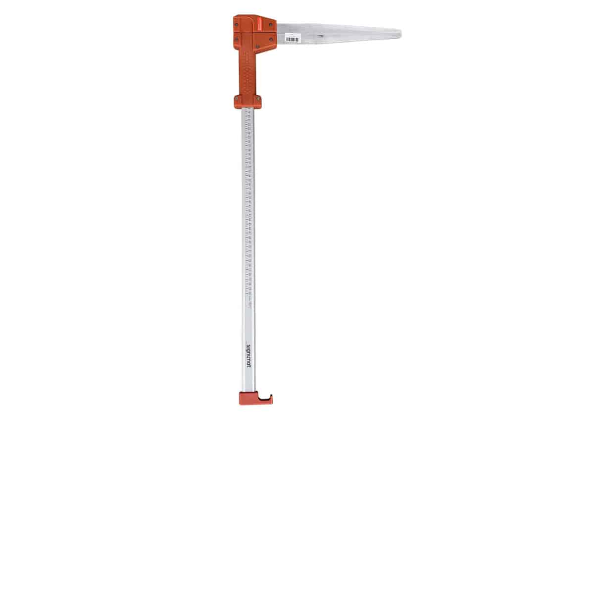 Signumat MK4, measuring device with long, silver-coloured scale and orange plastic bracket at the top and bottom, manufacturer's name Signumat visible on the scale, with barcode sticker on the upper orange bracket