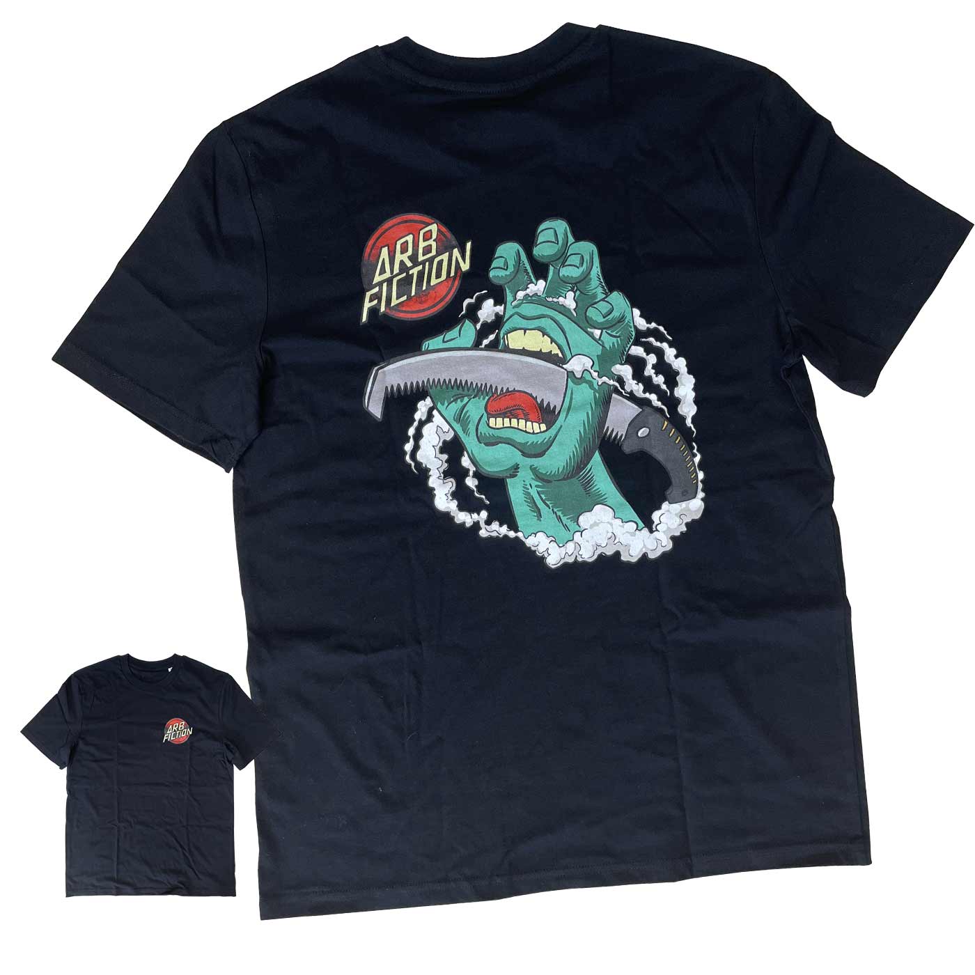 Black T-shirt with a large print of a green hand holding a saw in its mouth and the lettering "ARB FICTION", product name Screaming Hand