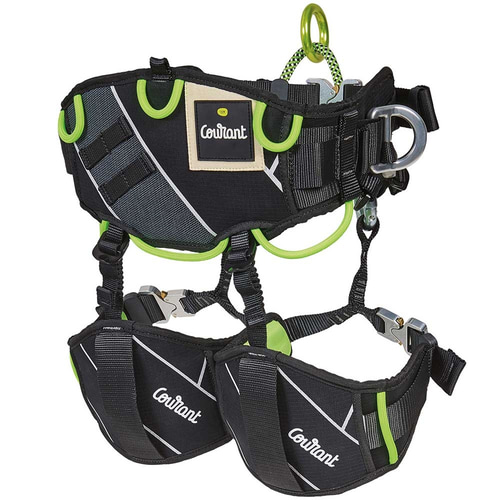 Climbing harness Koala V1.2 by Courant in black with green details, several loops and metal clasps
