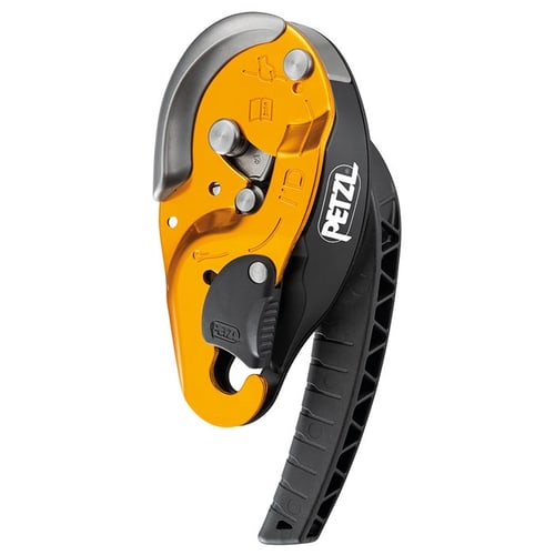 Petzl I'D S climbing frame in yellow and black with handle and lever