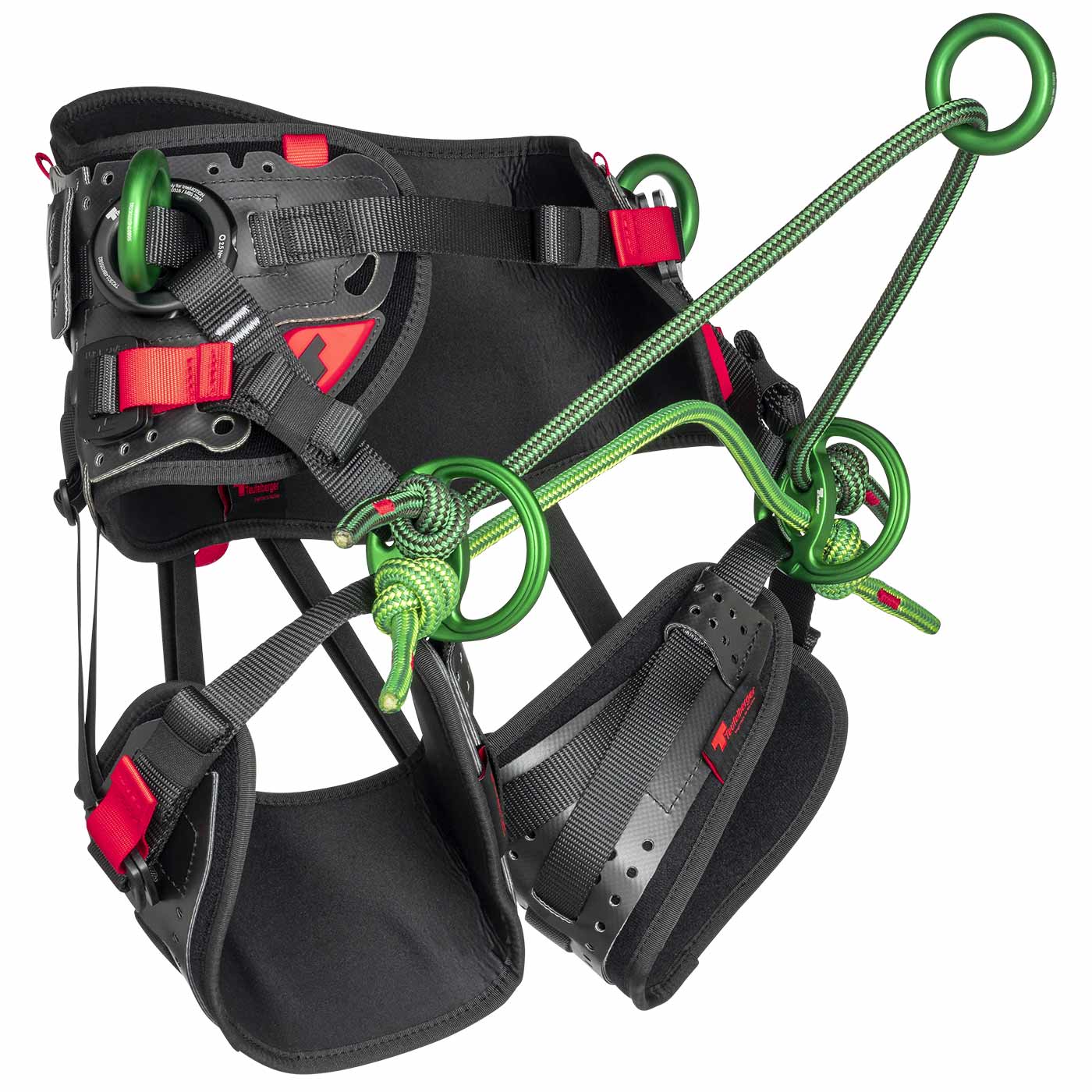 Side view of the treeMOTION Essential X tree climbing harness by Teufelberger in black with green metal rings and green ropes