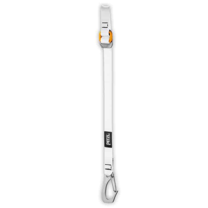 Knee Ascent Clip Petzl Lower Strap, White Strap with Adjustable Orange-Grey Clip and Metal Snap Hook