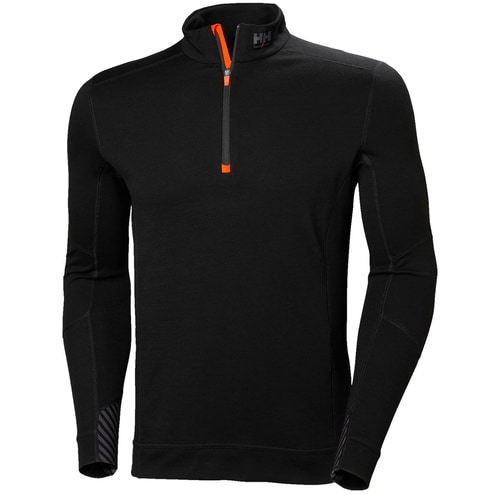 LIFA Merino Half Zip by Helly Hansen, long-sleeved top in black with short zipper and orange accents on the front