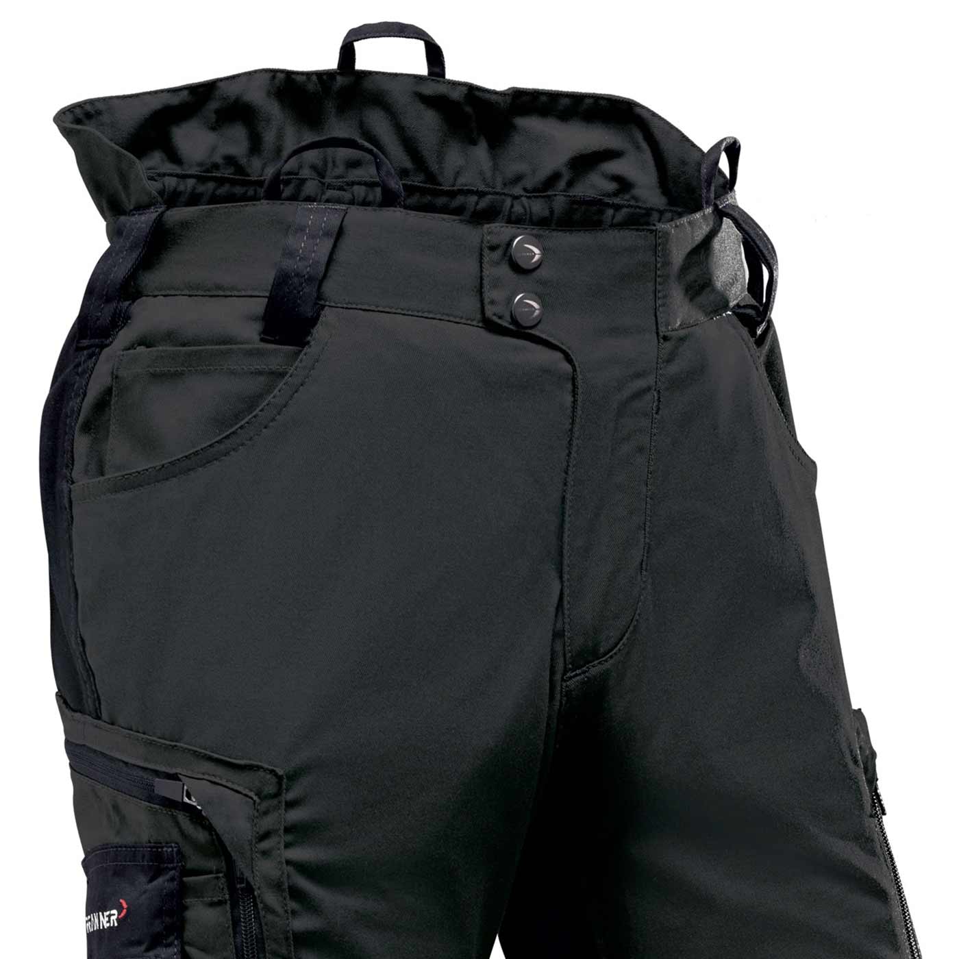 StretchFlex® Cancool trousers black, close-up of the upper half with belt loops, pockets and two press studs on the waistband
