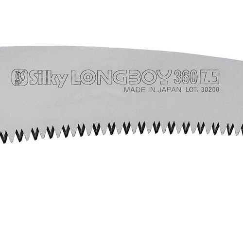 Close-up of the silver Longboy saw blade with the inscription "Silky LONGBOY 360 7.5 MADE IN JAPAN LOT. 30200" and visible teeth