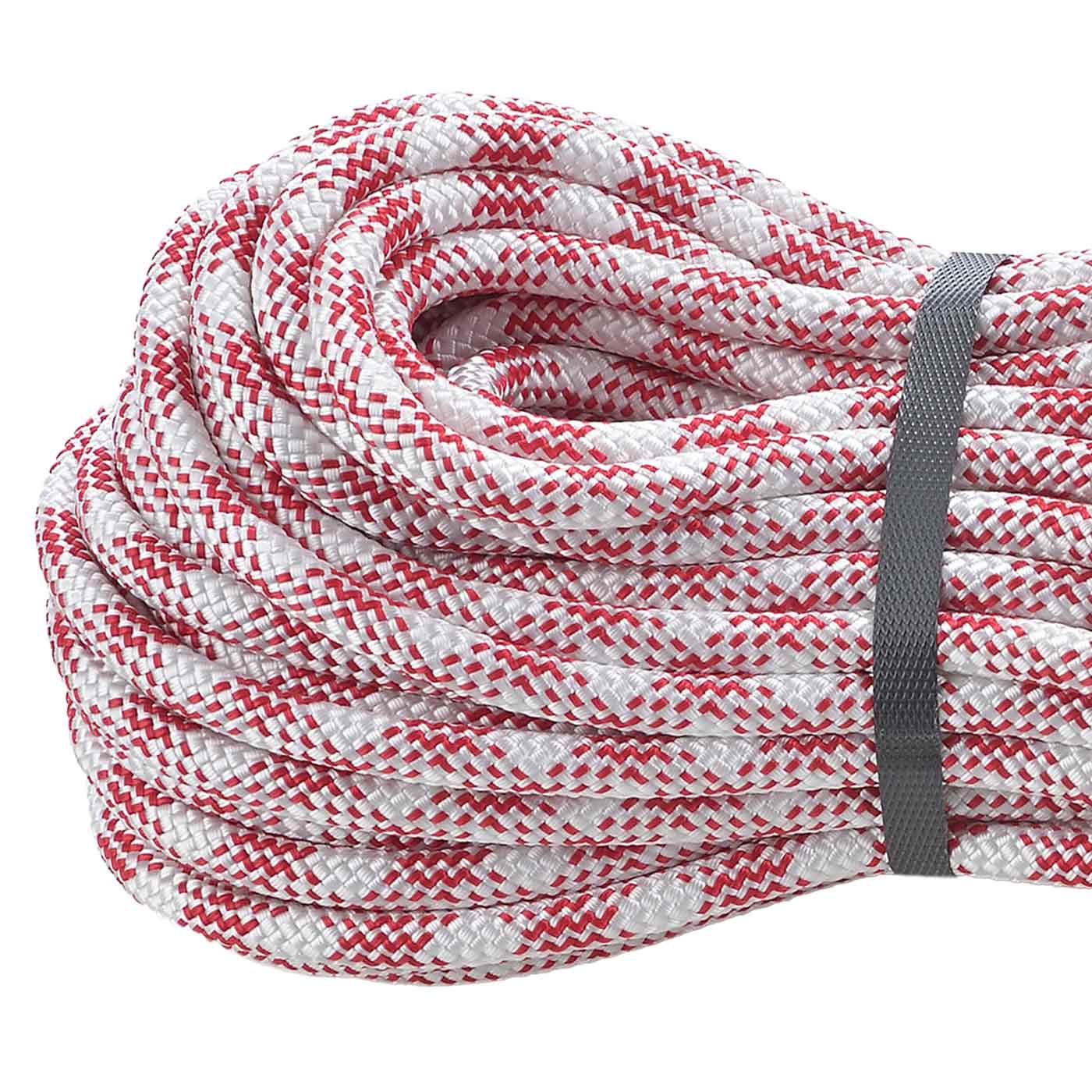 Patron Plus rope in white with red stripes, coiled and fixed with grey ribbon