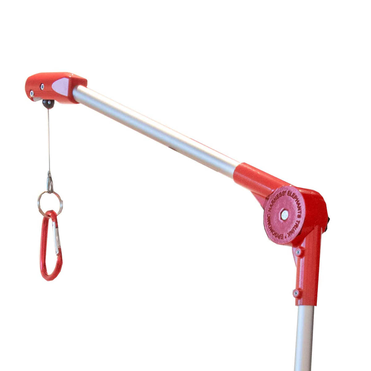 Close-up of silver boom arm with red joint and red snap hook at the end