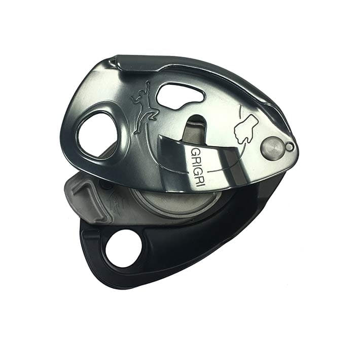 Open view of the Grigri climbing frame by Petzl in dark metal with visible internal mechanism