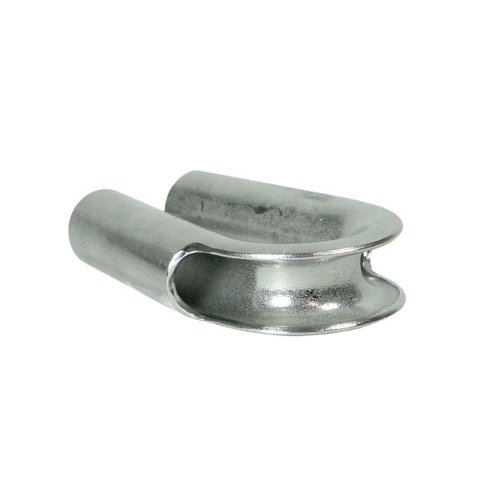 Stainless steel thimble 12 made of metal, lying flat with U-shaped opening, shiny silver