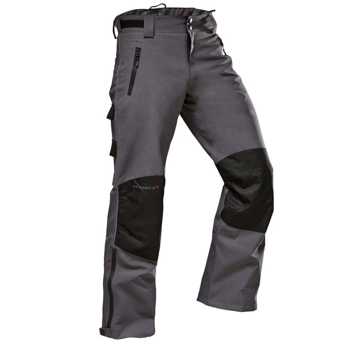 Nanoshield® rain pants, grey pants with black knee inserts and zippered pocket on the right leg
