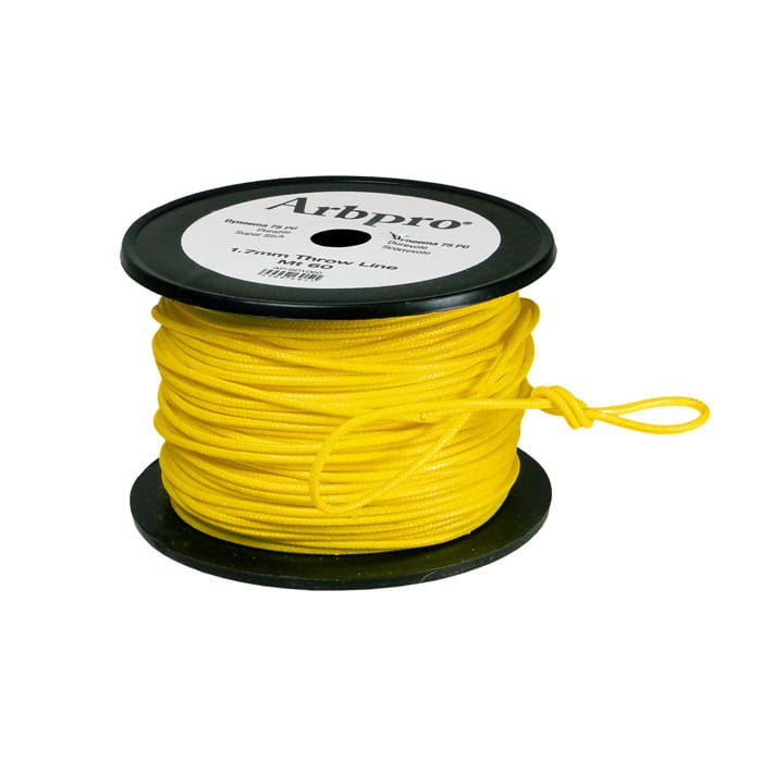Dyna 75PU by Arbpro, yellow line on black spool with white label on top