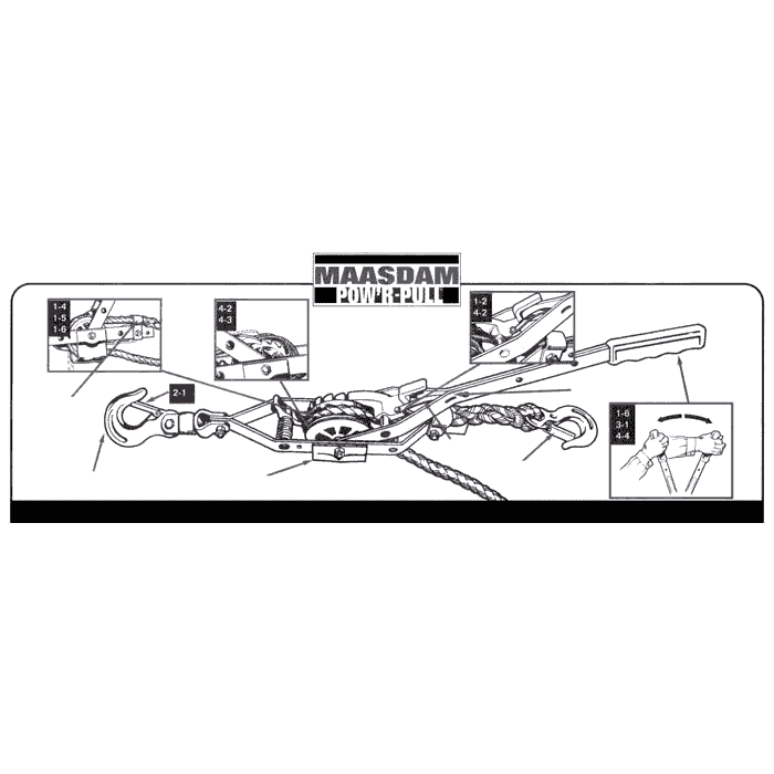 Black and white technical drawing of a rope puller with the inscription "MAASDAM POWER PULL" and several detailed views of hooks, levers and rope ends