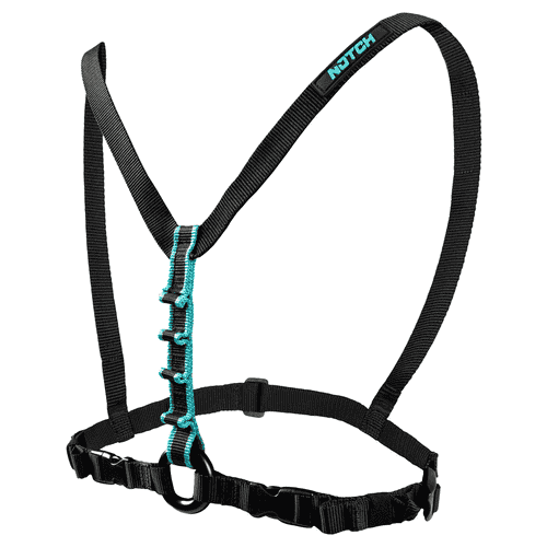 Black Chester SRS chest strap with turquoise stitching and black ring in the middle, photographed from the side